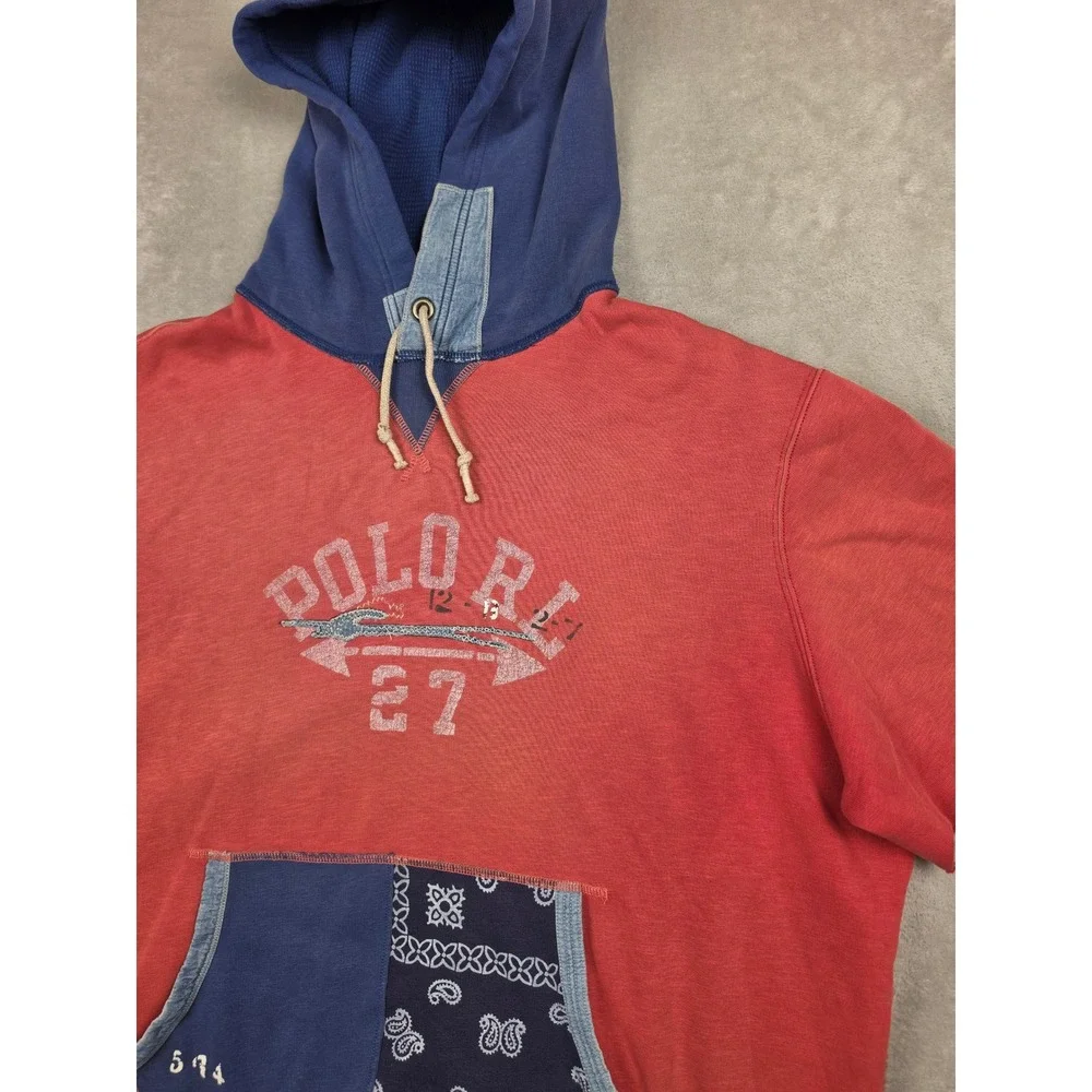 Polo Ralph Lauren Short Sleeve Hoodie Men XL Red Patchwork Bandana Graphic *Read